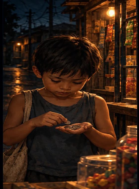 Guide illustration of a child counting coins at a neighborhood store
