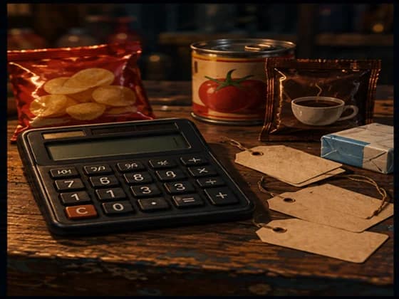 Illustrated calculator and price tags on a shop counter