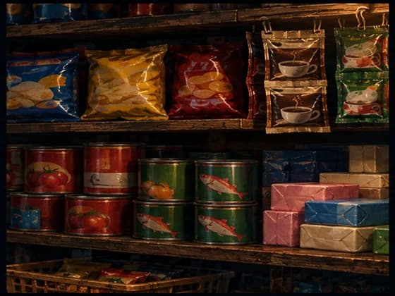 Illustrated shelves of generic sari-sari store products
