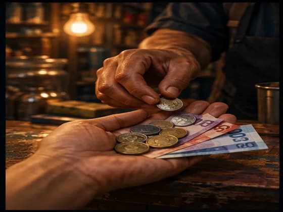Illustrated hands returning coins and notes as change