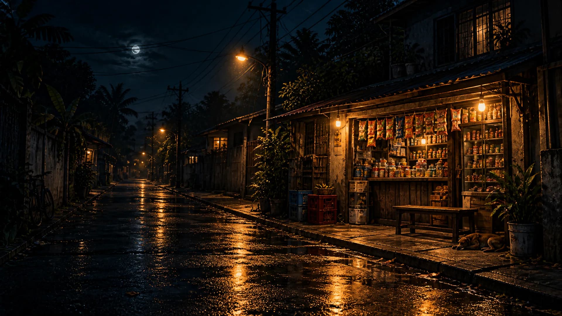 A warmly lit sari-sari store on a quiet Filipino neighborhood street at night