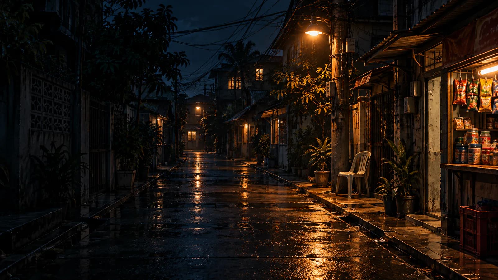 An empty Filipino neighborhood lane after rain at night